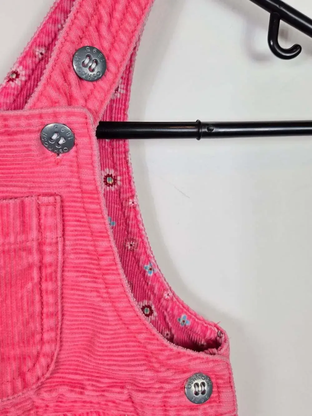Vintage OshKosh Pink Corduroy Overalls 12M Floral Embroidered Hem 90s Baby